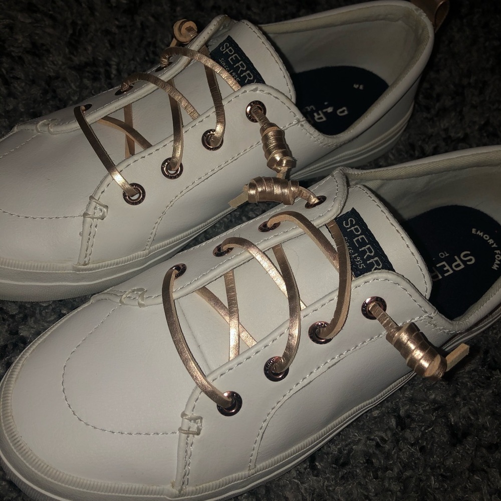 White Sperrys with rose gold shoe laces